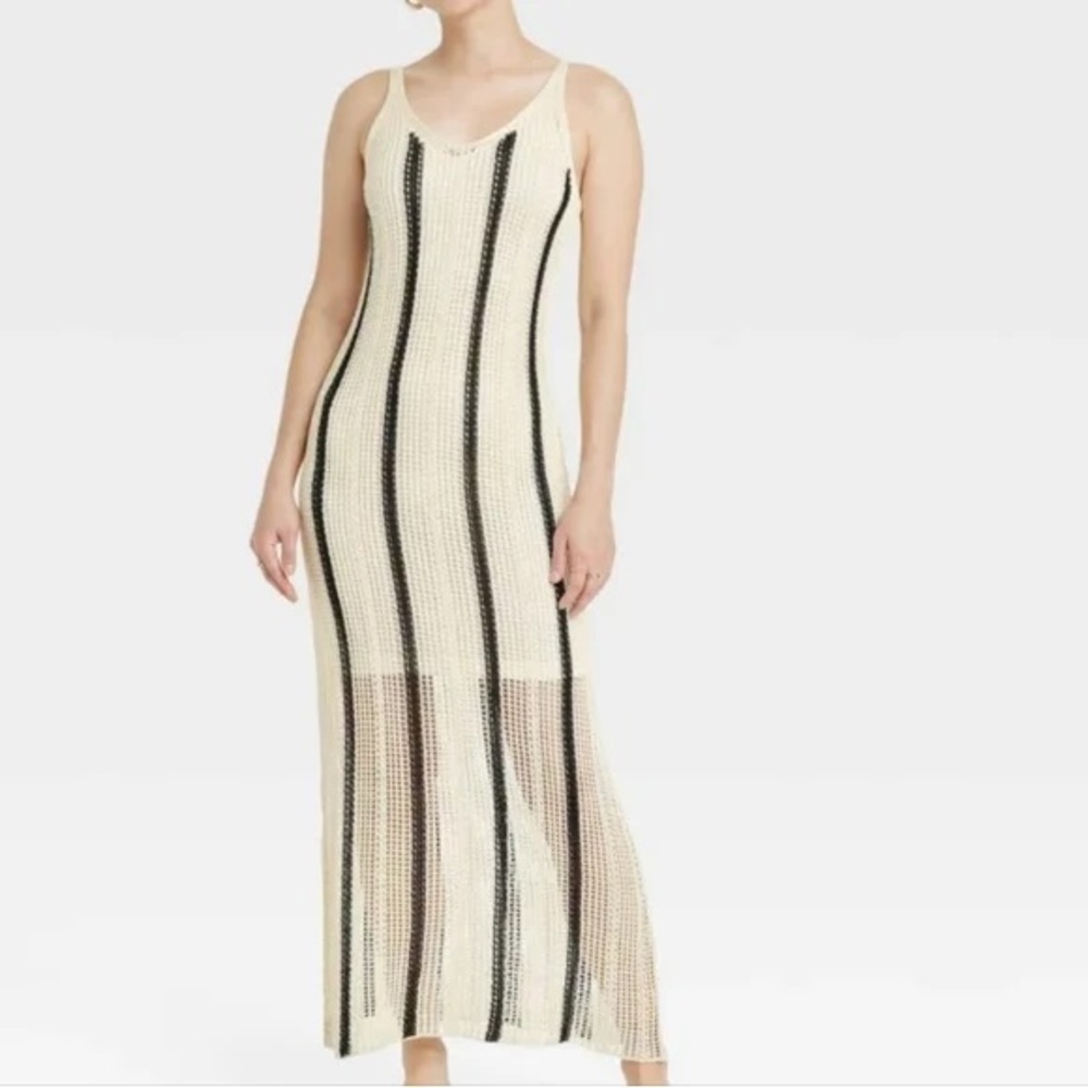 A New Day Crocheted Cream and Black Striped Maxi Dress